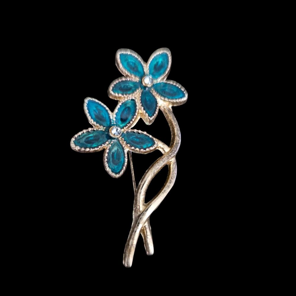 Blue Rhinestone Floral Brooch Silver Tone Double Flower Stem Pin